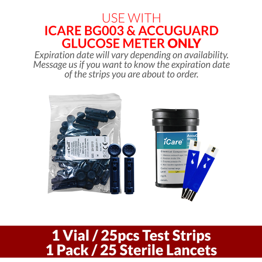 iCare AG-T25 25pcs Blood Glucose Test Strips & 25pcs Lancets for BG003 and AccuGuard Blood Glucose Meter