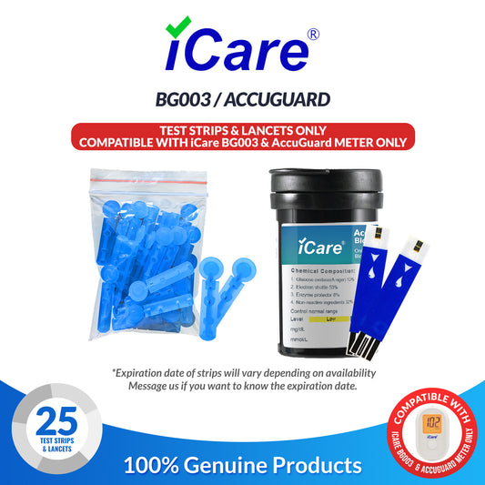iCare AG-T25 25pcs Blood Glucose Test Strips & 25pcs Lancets, For models: iCare BG003 and Accuguard ONLY - Not Universal
