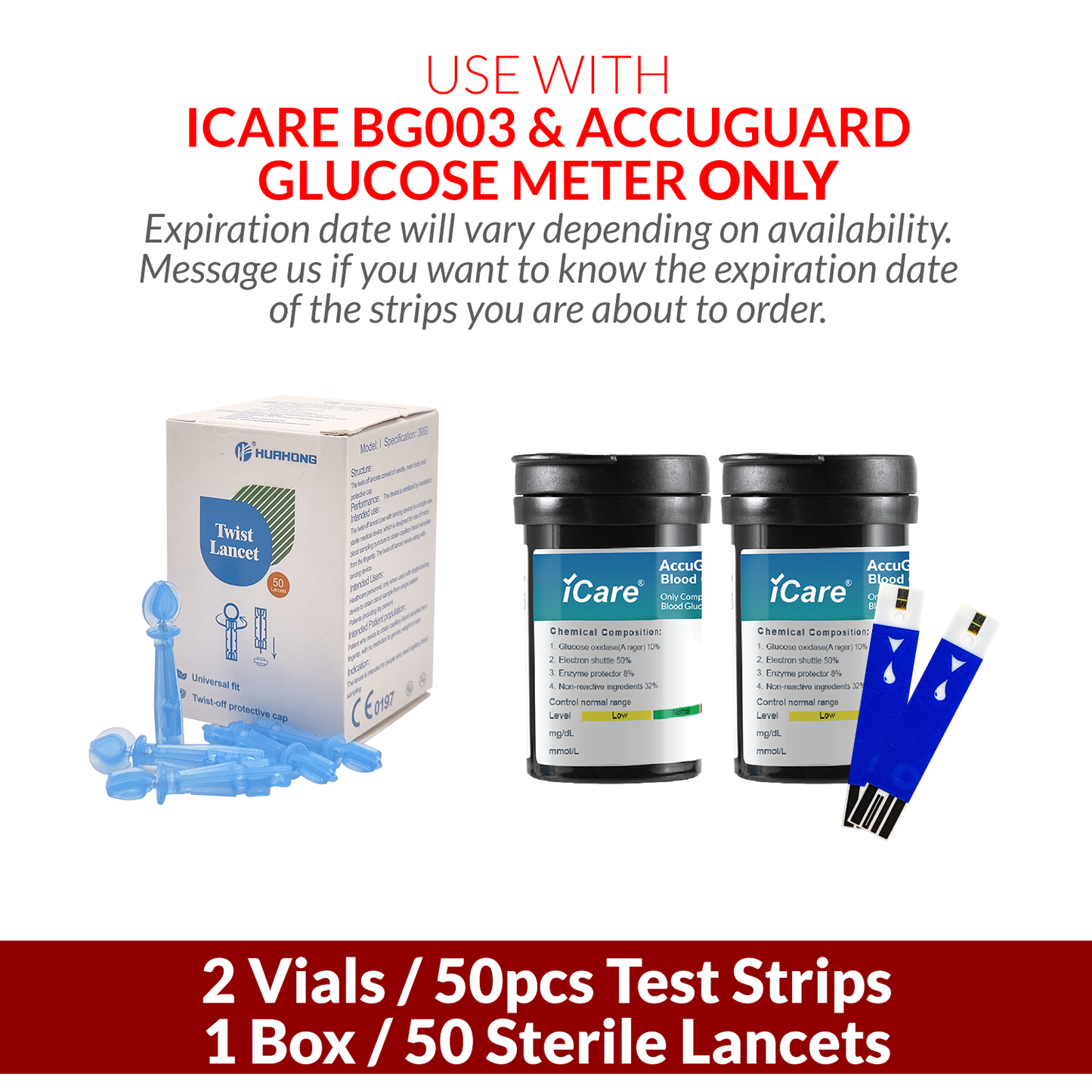 iCare AG-T50 50pcs Test Strips & 50pcs Lancets Compatible with  BG003 and AccuGuard Blood Glucose Meter ONLY
