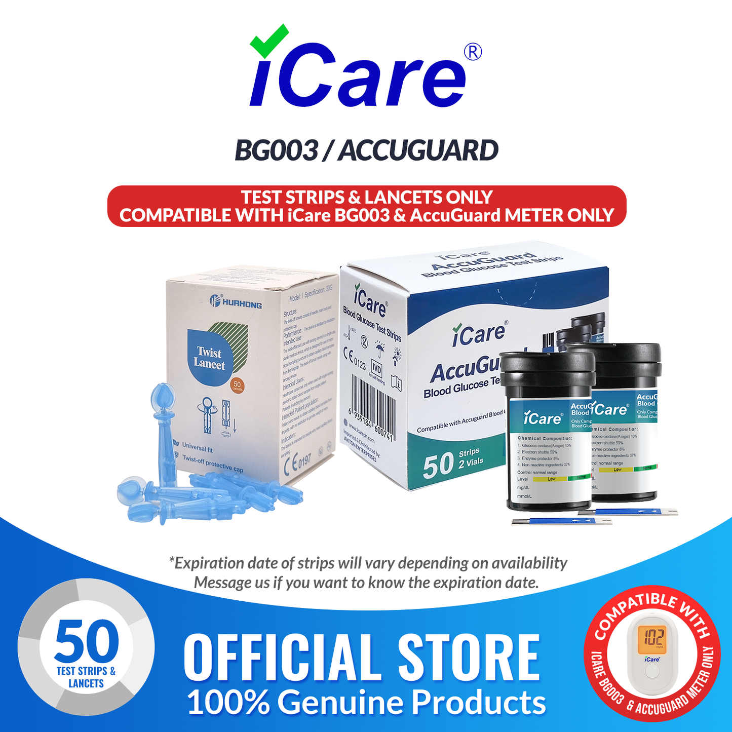 iCare AG-T50 50pcs Test Strips & 50pcs Lancets Compatible with  BG003 and AccuGuard Blood Glucose Meter ONLY