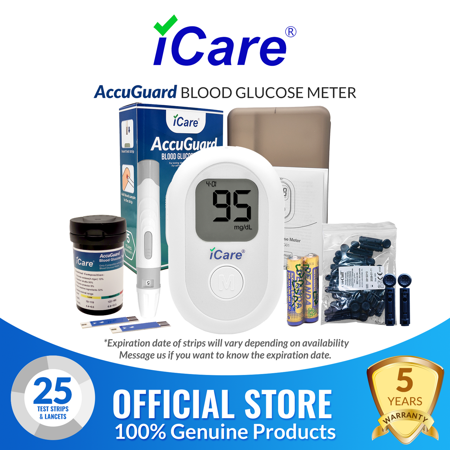 iCare AG25 AccuGuard Blood Glucose Monitor Complete set + 25pcs Test Strips & 25pcs Lancets