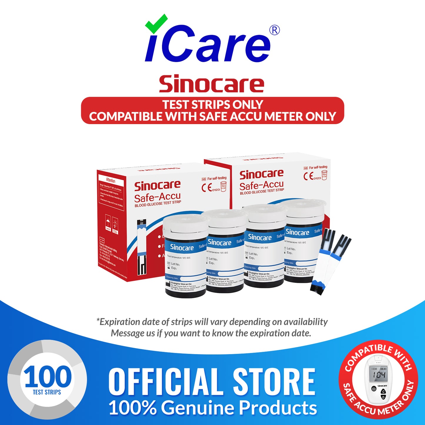 iCare® Safe Accu Glucose Test Strips ONLY COMPATIBLE WITH SAFE ACCU GLUCOSE METER SA