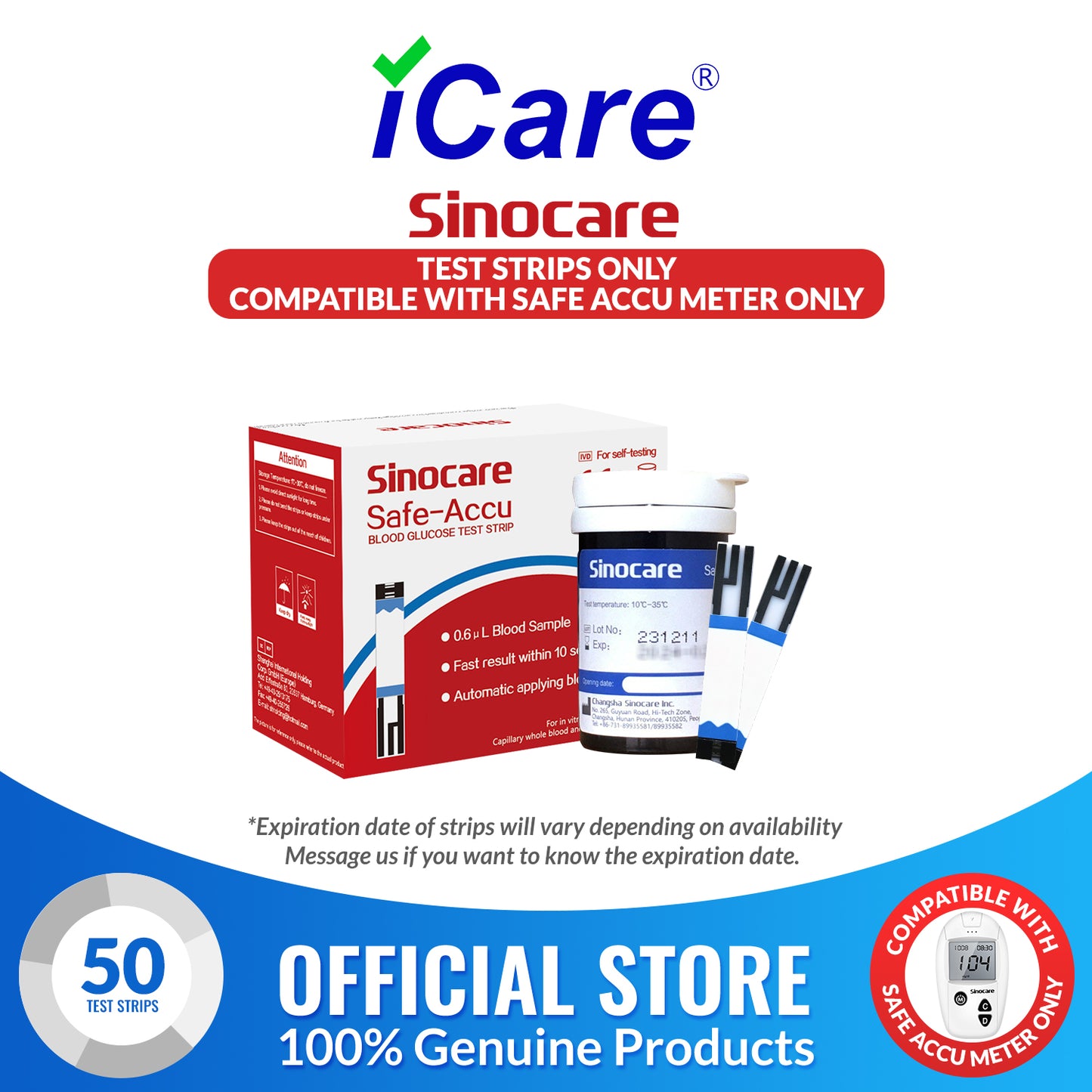 iCare® Safe Accu Glucose Test Strips ONLY COMPATIBLE WITH SAFE ACCU GLUCOSE METER SA