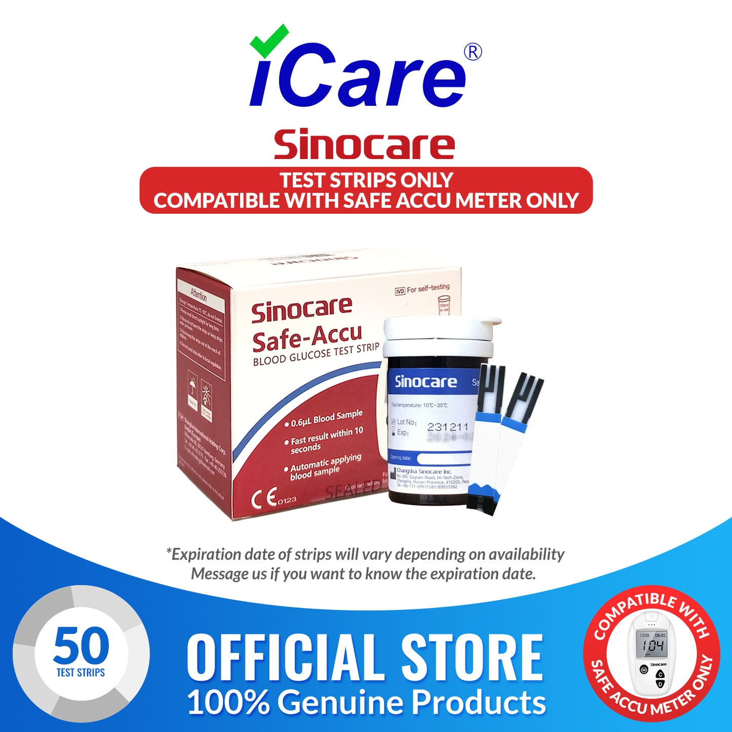 iCare® Safe Accu Glucose Test Strips ONLY COMPATIBLE WITH SAFE ACCU GLUCOSE METER SA