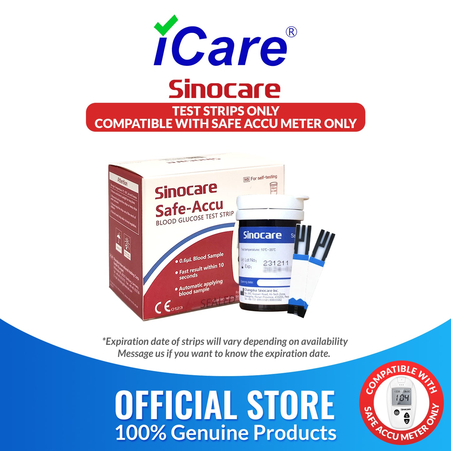 iCare® Safe Accu Glucose Test Strips ONLY COMPATIBLE WITH SAFE ACCU GLUCOSE METER SA