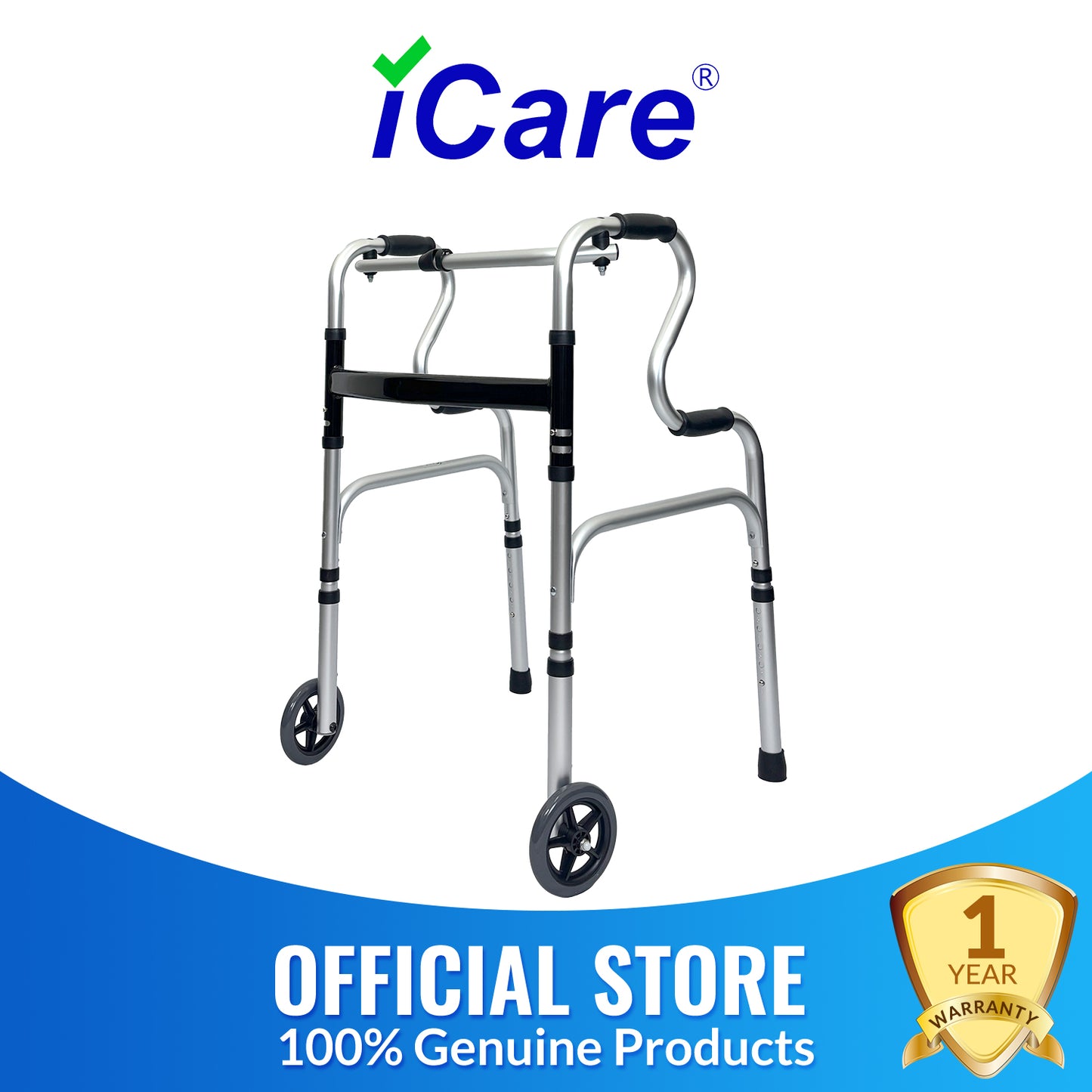 iCare AW112 Aluminum Folding Walker with back handles and wheels for mobility and support