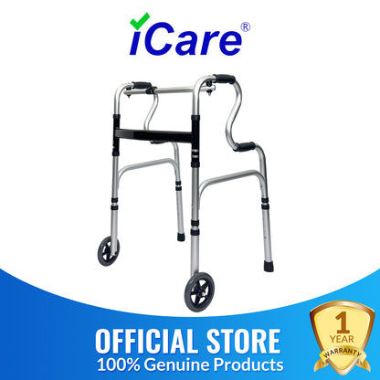 iCare AW112 Aluminum Folding Walker with back handles and wheels for mobility and support