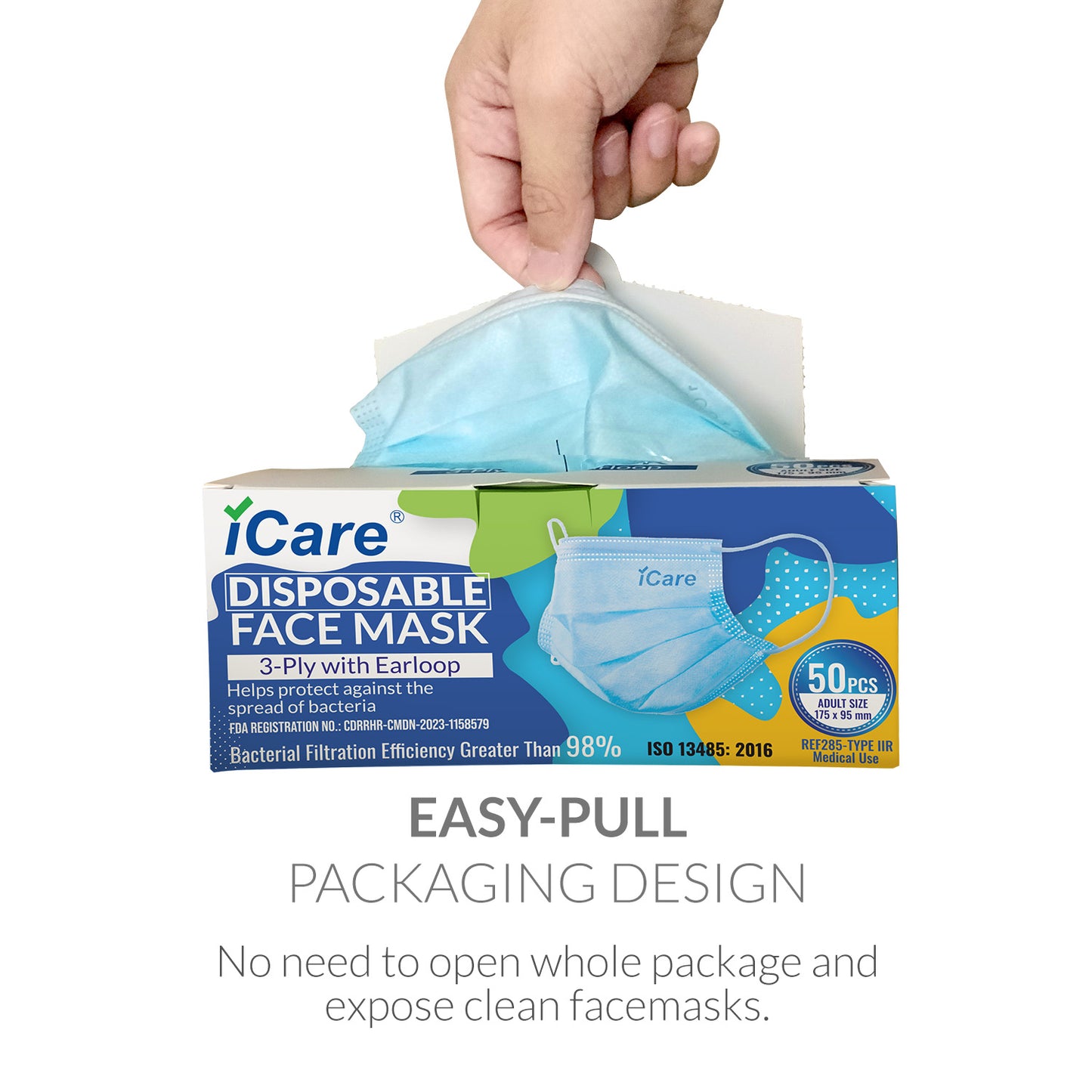 iCare® REF285 Disposable Face Mask ( Type II For Medical Use) 5 Boxes(250pcs) with Comfortable Elastic Earloop and Embedded Nose Clip Design, 3ply Breathable Melt-Blown and Non-Woven Fabric for Home, Office and Outdoor