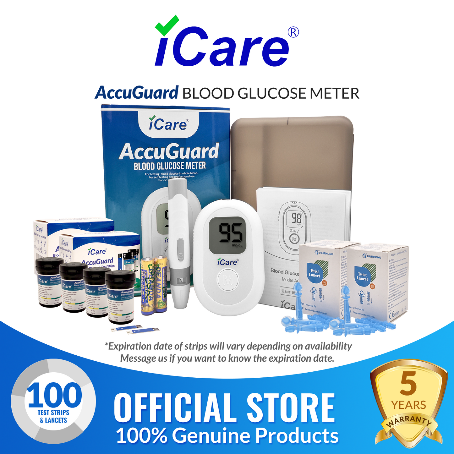 iCare AG100 AccuGuard Blood Glucose Monitor Complete set + 100pcs Test Strips & 100pcs Lancet