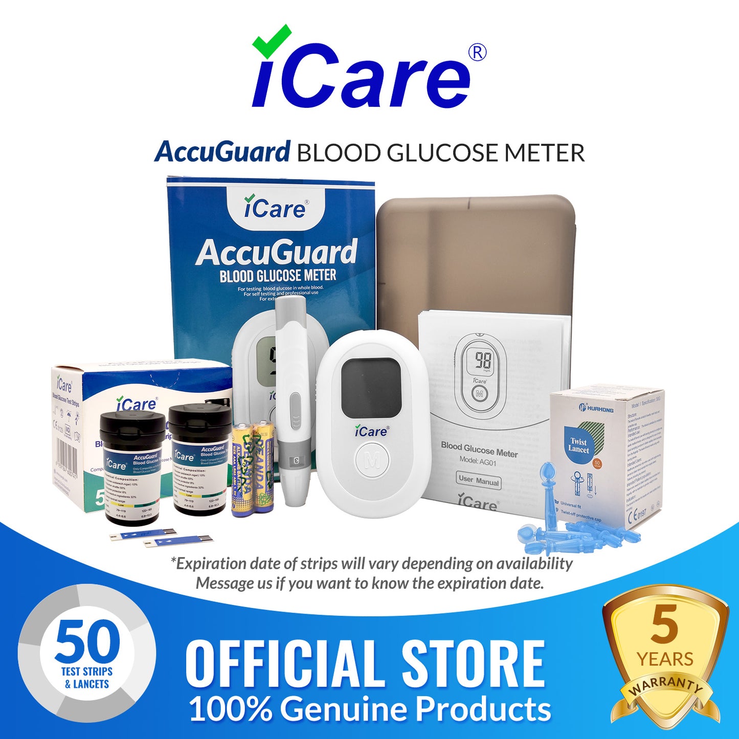 iCare AG50 AccuGuard Blood Glucose Monitor Complete set + 50pcs Test Strips & 50pcs Lancets
