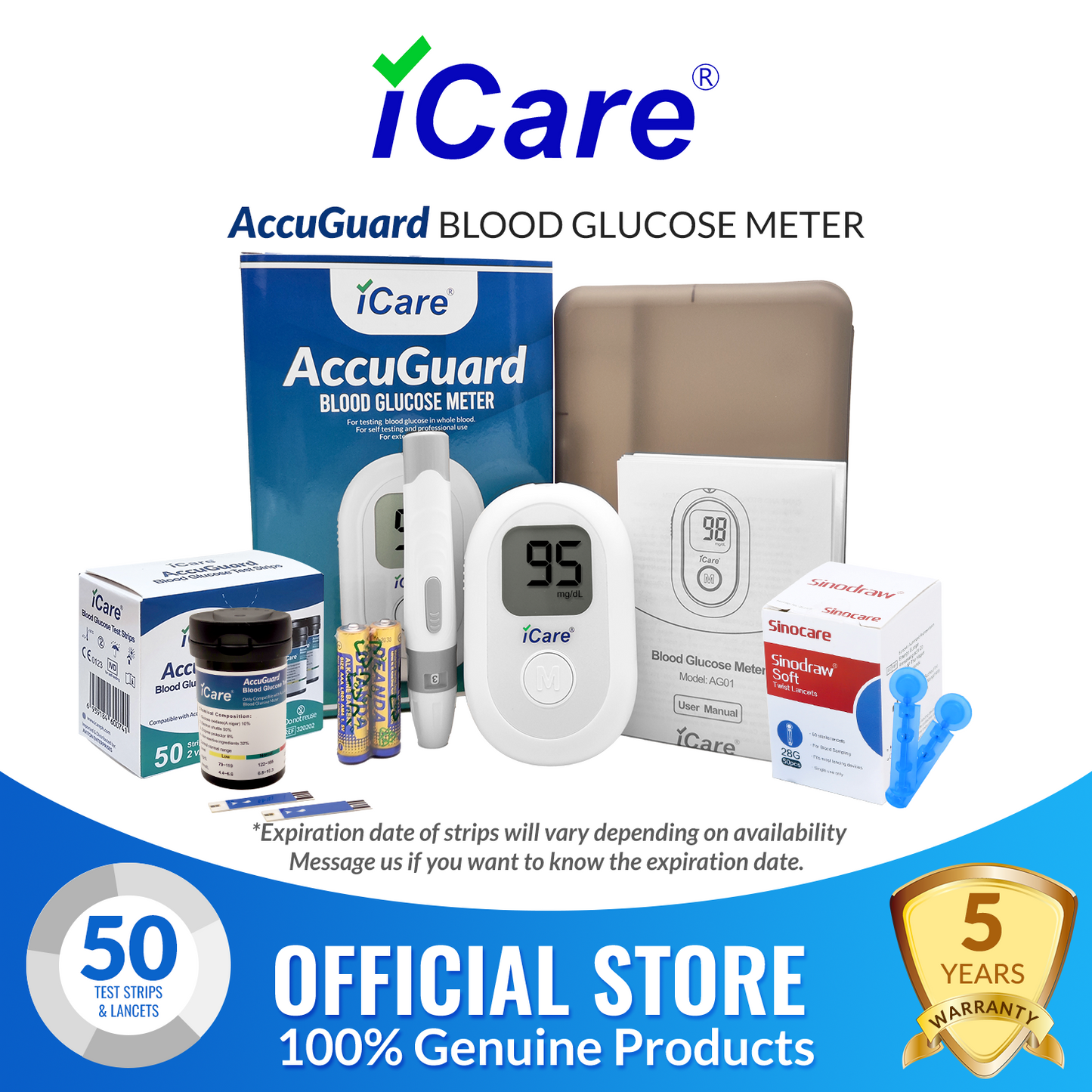 iCare AG50 AccuGuard Blood Glucose Monitor Complete set + 50pcs Test Strips & 50pcs Lancets