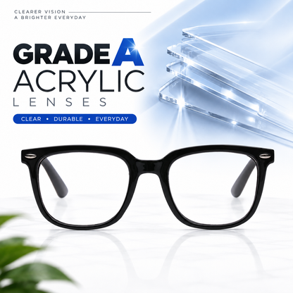 iCare RA302 Shiny Black Square Reading Glasses PC Frame, PC Temples and Grade A AC Lenses