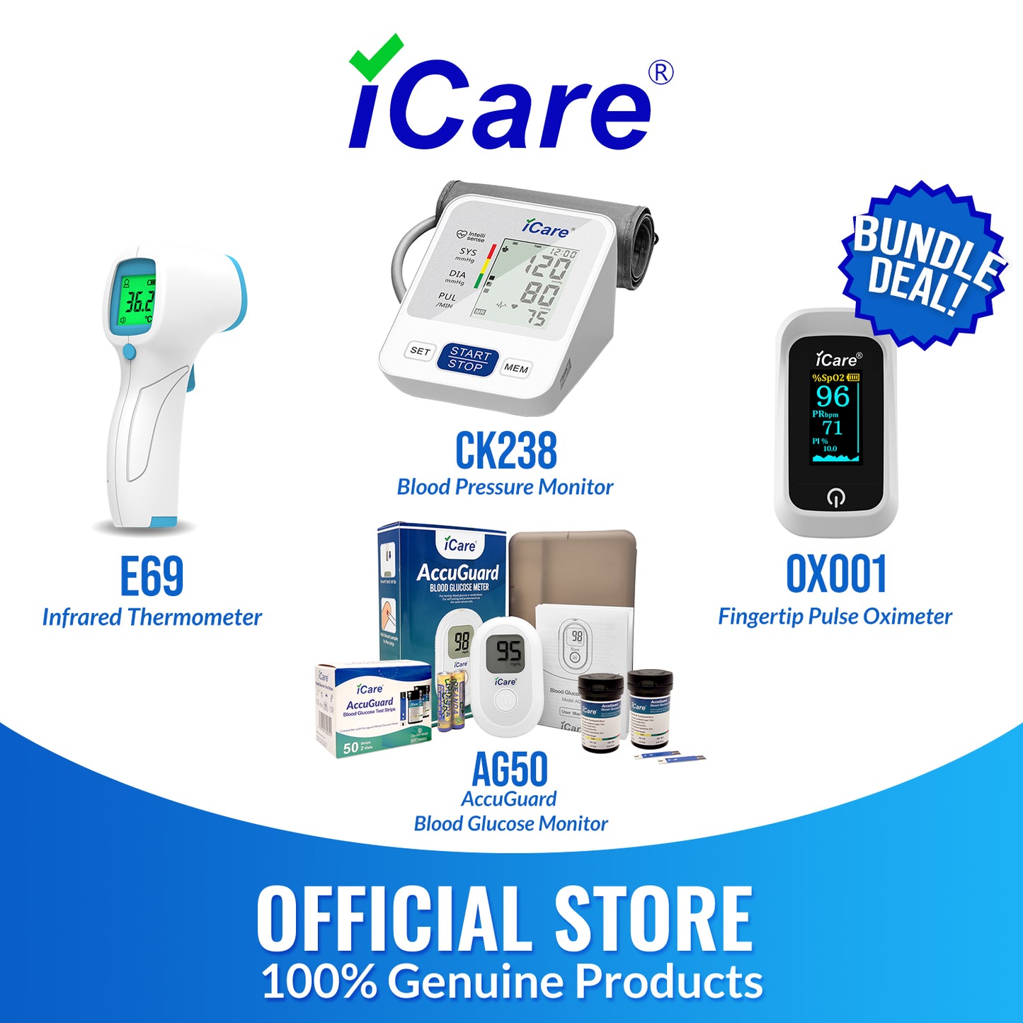 iCare Bundle Deal 28 AG50 Glucose Meter + CK238 Digital BP Monitor + E69 Infrared Thermometer + OX001 Pulse Oximeter