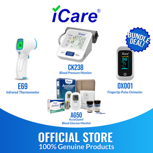 iCare Bundle Deal 28 AG50 Glucose Meter + CK238 Digital BP Monitor + E69 Infrared Thermometer + OX001 Pulse Oximeter