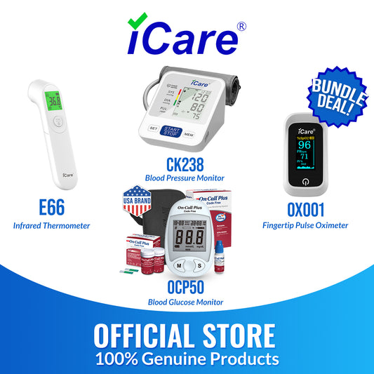 iCare Bundle Deal 29 OCP50 Glucose Meter + CK238 Digital BP Monitor + E66 Infrared Thermometer + OX001 Pulse Oximeter