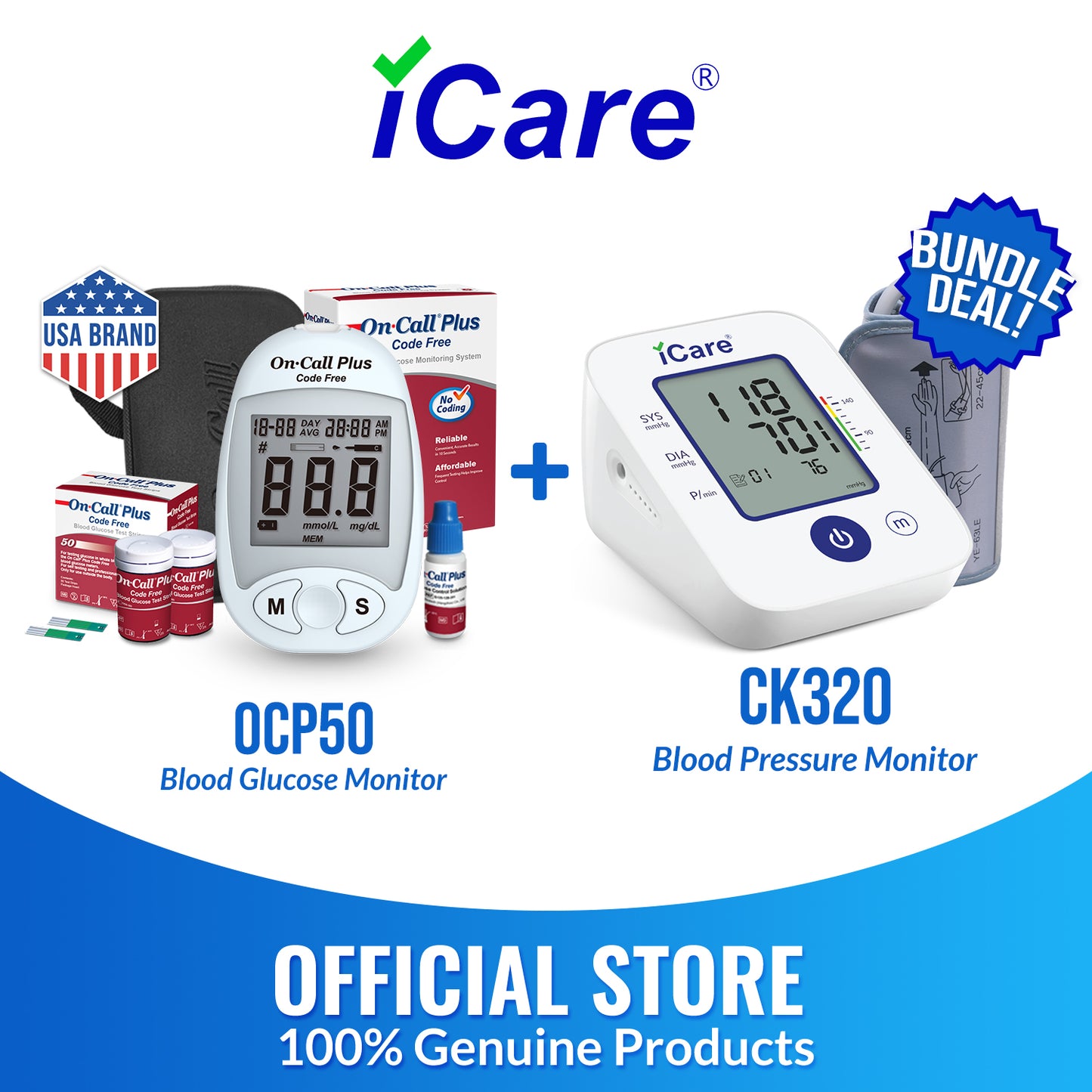 iCare Bundle Deal 31 OCP50 Glucose Meter + CK320 Digital BP Monitor, Blood Sugar Kit with Blood Pressure Monitor Bundle