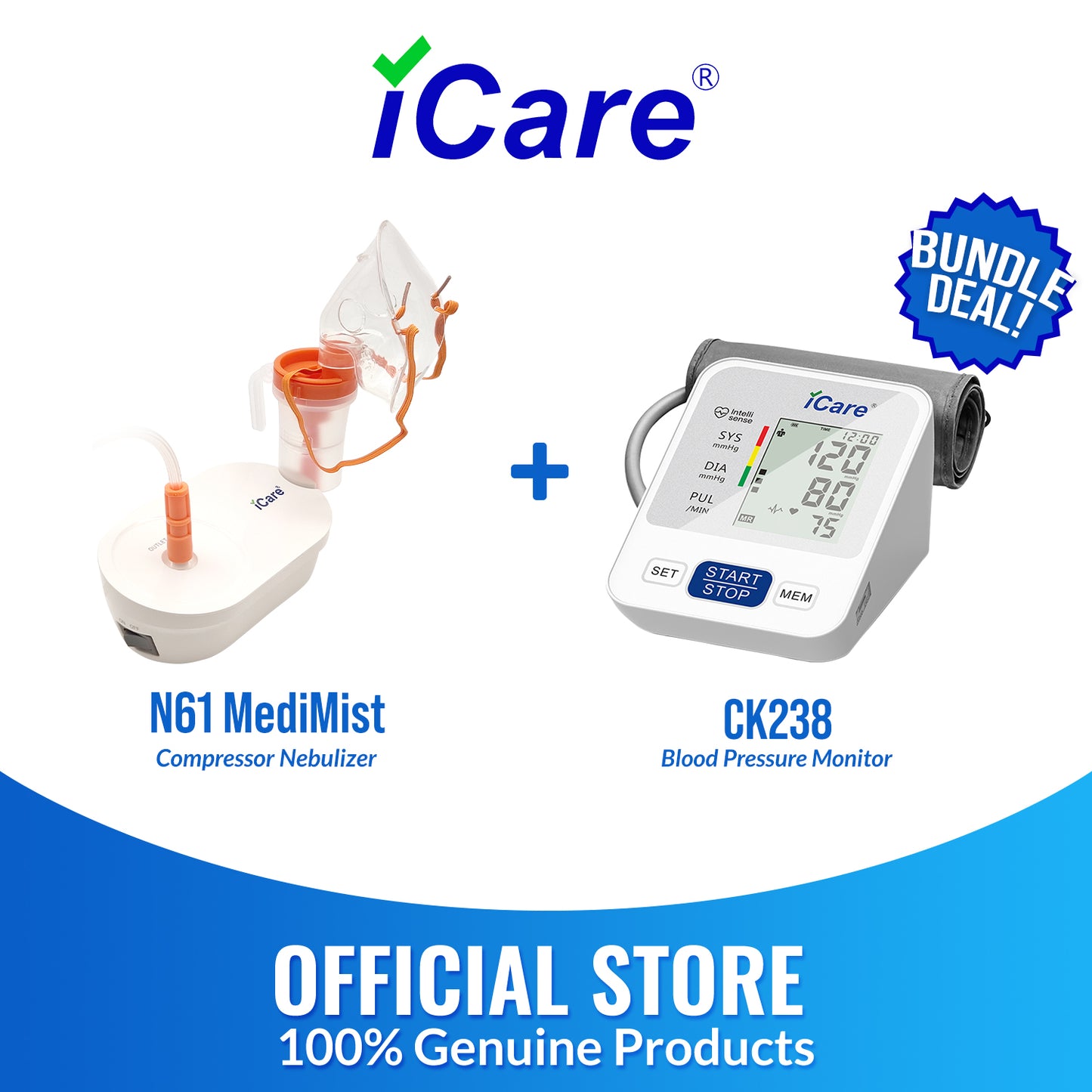 iCare Bundle Deal 33 CK238 Digital BP Monitor + N61 MediMist Compressor Nebulizer Kit Bundle