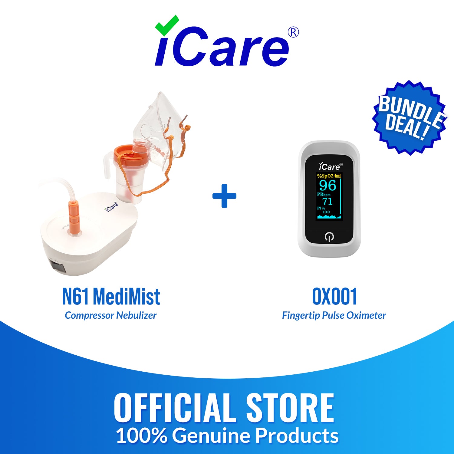 iCare Bundle Deal 34 OX001 Fingertip Pulse Oximeter + N61 MediMist Compressor Nebulizer Kit Bundle