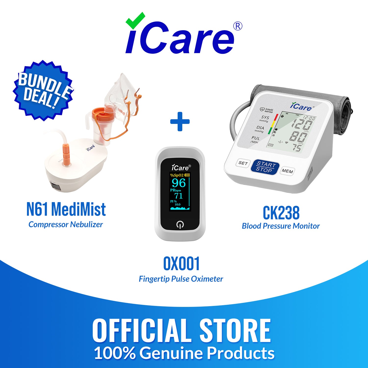 iCare Bundle Deal 35 OX001 Fingertip Pulse Oximeter + N61 MediMist Compressor Nebulizer Kit + CK238 Digital BP Monitor Bundle