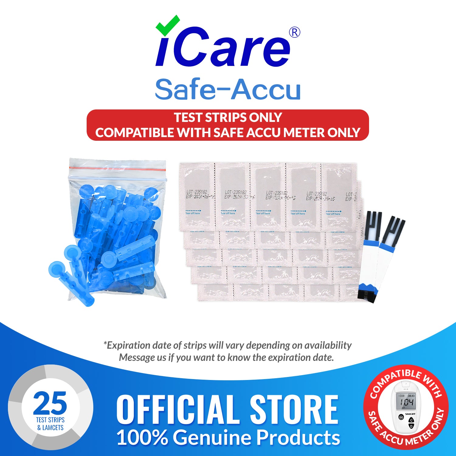 iCare® Safe Accu 25pcs Individually Packed Glucose Test Strips with 25pcs Sterile Lancets SA