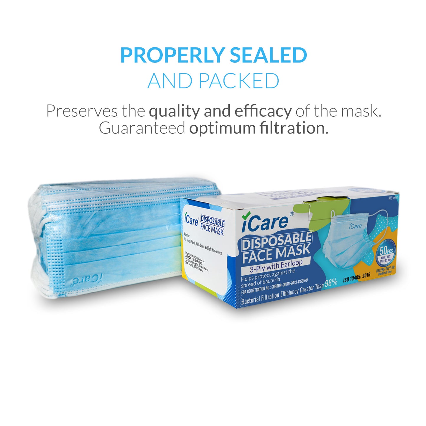 iCare® REF285 Disposable Face Mask ( Type II For Medical Use) 5 Boxes(250pcs) with Comfortable Elastic Earloop and Embedded Nose Clip Design, 3ply Breathable Melt-Blown and Non-Woven Fabric for Home, Office and Outdoor