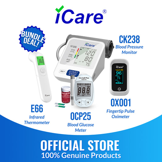 iCare Bundle Deal 9 CK238 BP Monitor + OCP25 Glucose Meter + E66 Infrared Thermometer + OX001 Pulse Oximeter Health Monitoring Super Bundle