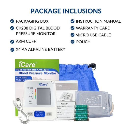 iCare Bundle Deal 28 AG50 Glucose Meter + CK238 Digital BP Monitor + E69 Infrared Thermometer + OX001 Pulse Oximeter