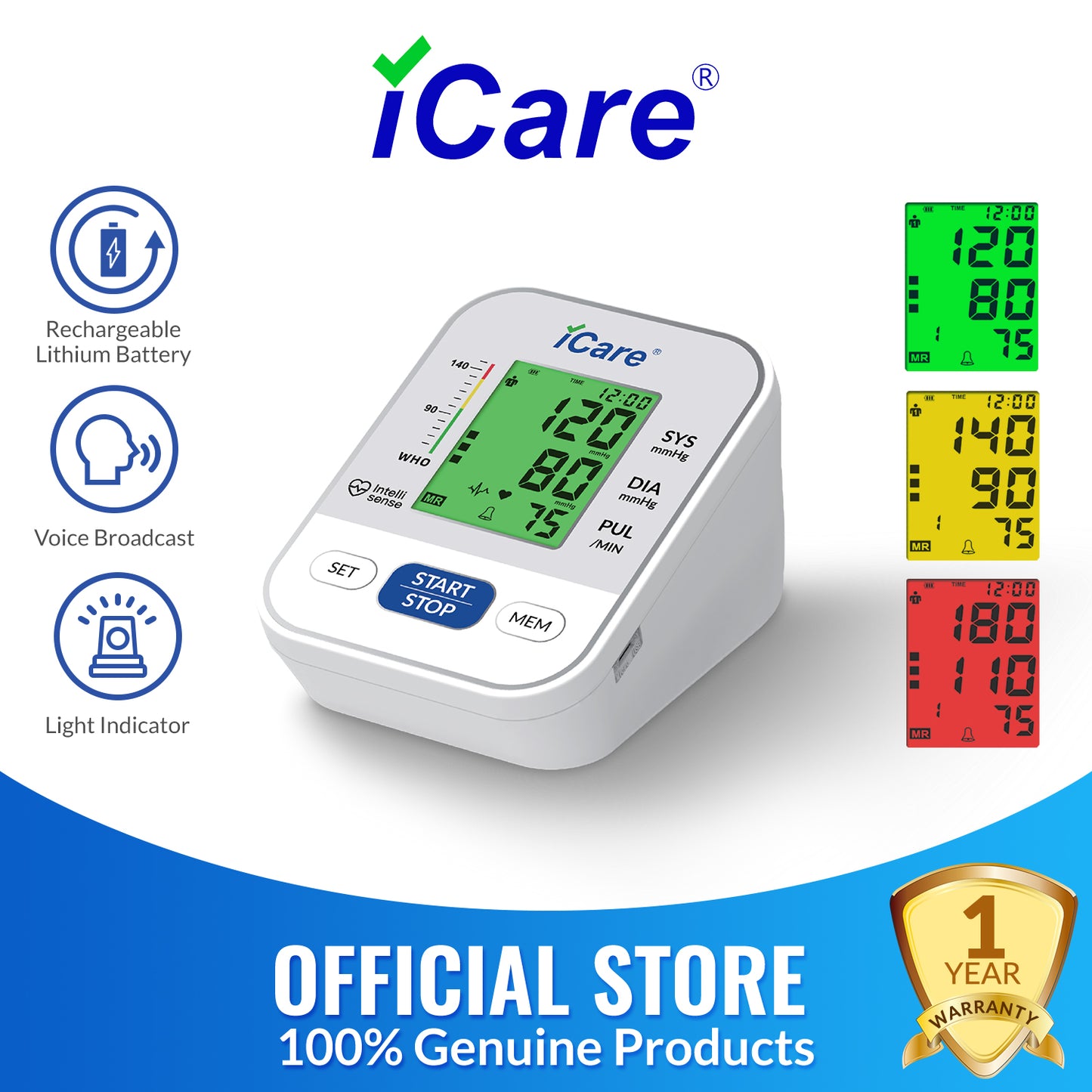 iCare CK262 Rechargeable Automatic Blood Pressure Monitor with Voice Broadcast and Light Indicator