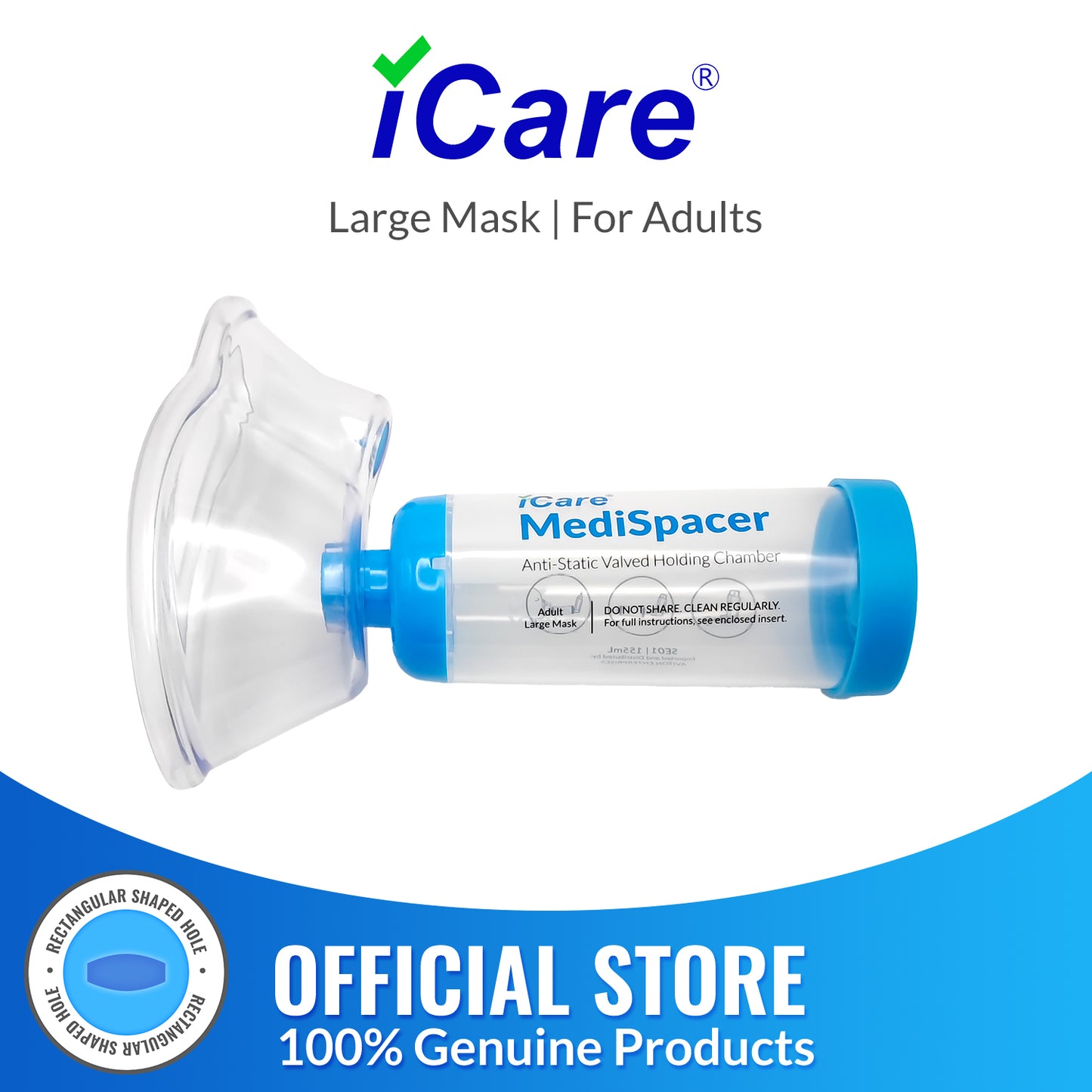 iCare® SE01 MediSpacer Chamber Chamber Spacer (NO INHALER INCLUDED) for Adults with Large Mask, Fit Any Size, Sealed Package, Clean and Safe, for with your Asthma Inhaler, Ventolin via Chamber Spacer