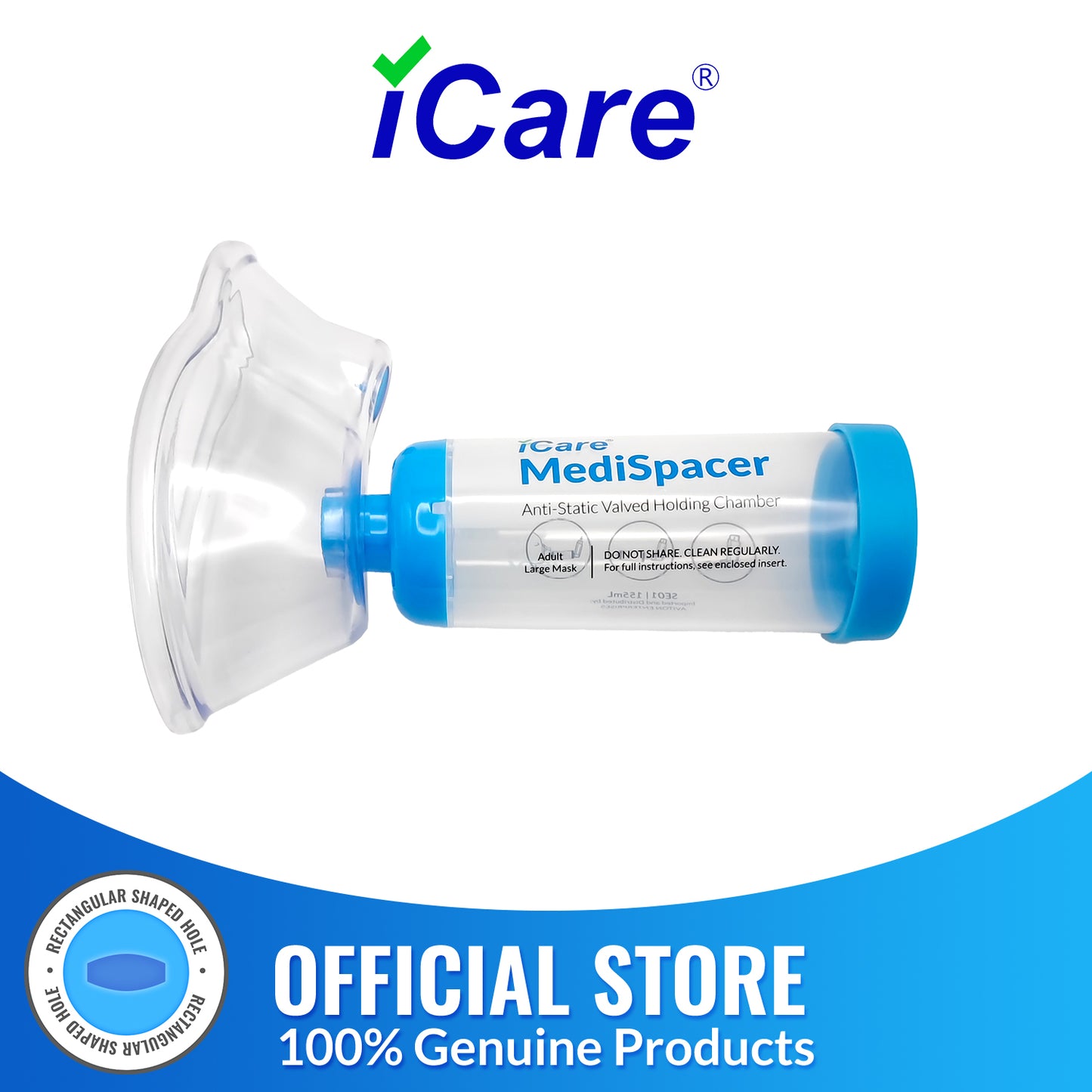 iCare® SE01 MediSpacer Chamber Chamber Spacer (NO INHALER INCLUDED) for Adults with Large Mask, Fit Any Size, Sealed Package, Clean and Safe, for with your Asthma Inhaler, Ventolin via Chamber Spacer