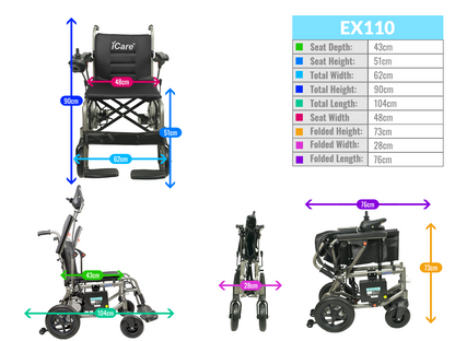 iCare EX110 Lightweight Aluminum Electric Wheelchair with Removable Lithium Battery