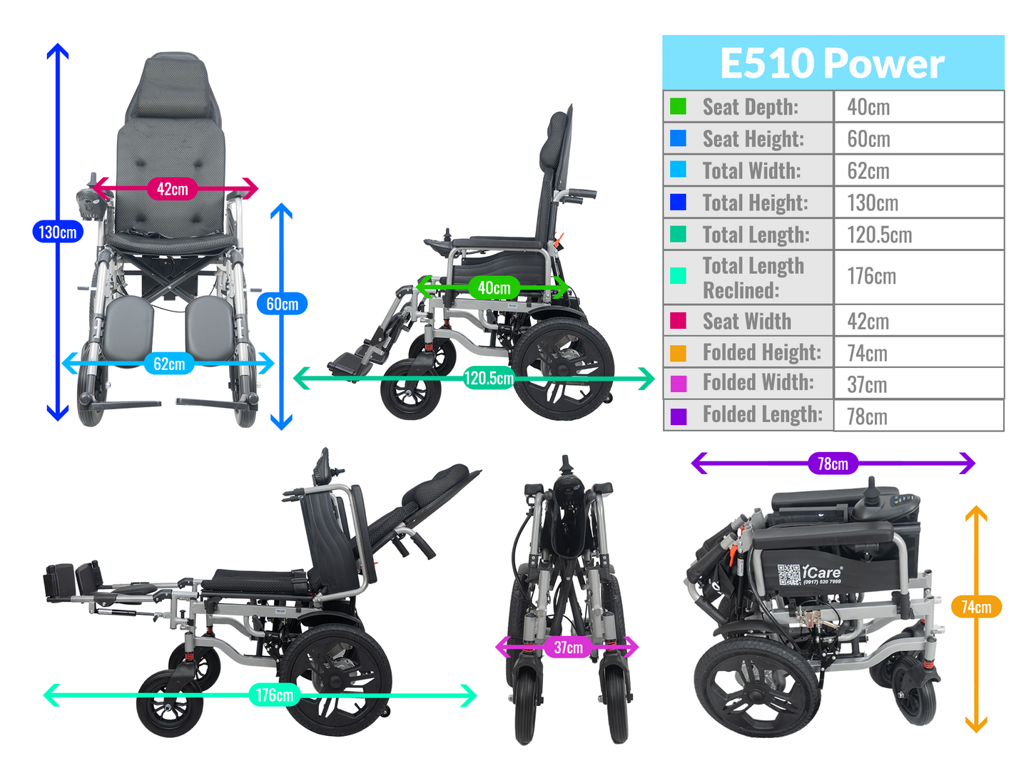 iCare® E510 Power New Model Reclinable Electric Wheelchair(100kg Load Limit, 50kg Wheelchair Weight)
