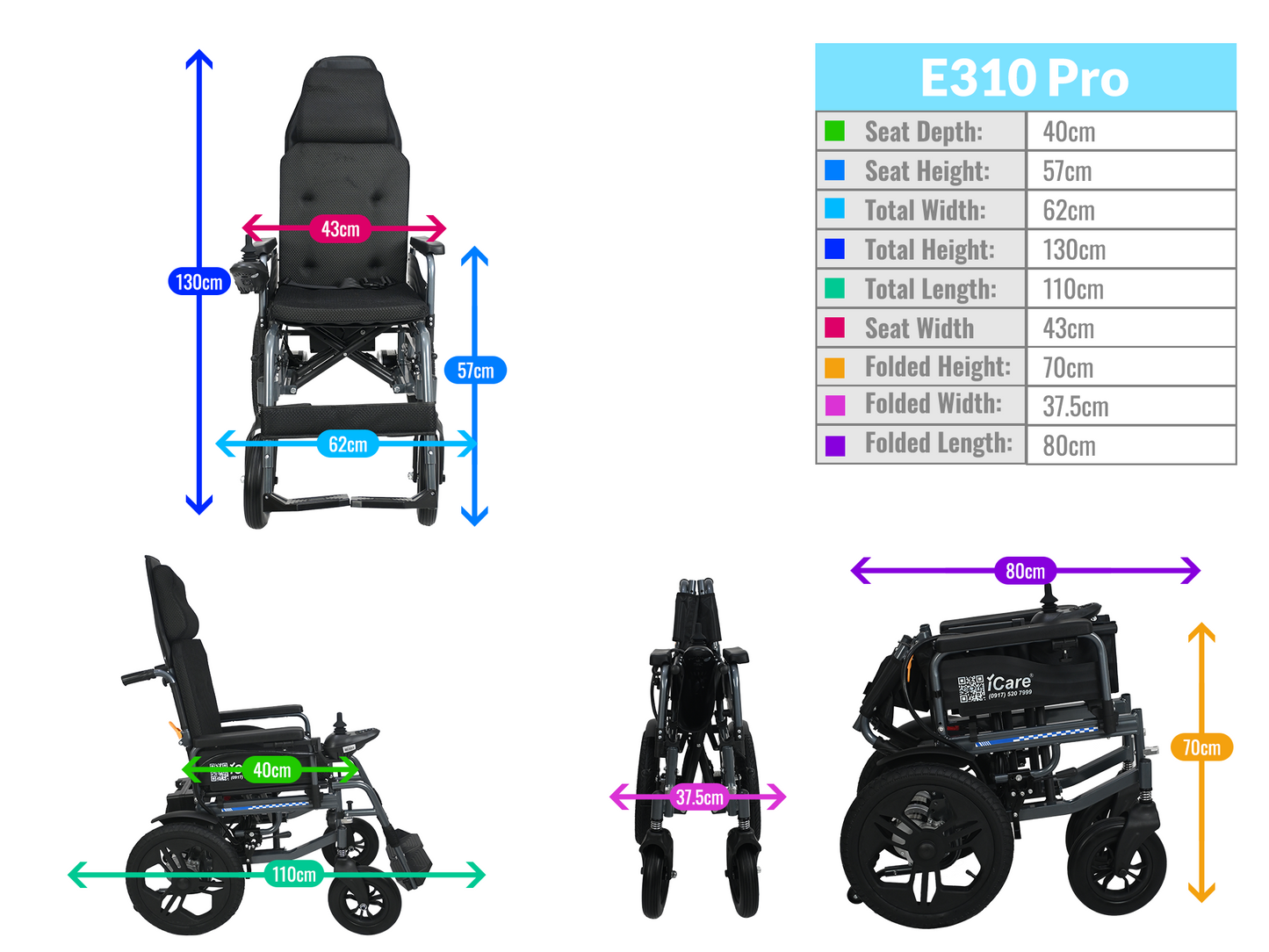iCare® E310 Pro New Model Electric Wheelchair HEAVY DUTY (110kg Load Limit, 50kg Wheelchair Weight)