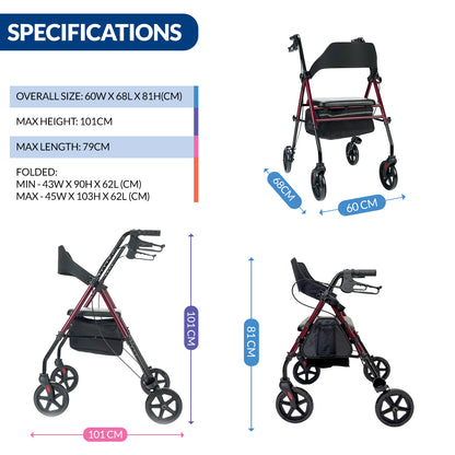 iCare RL13 Steel Rollator with Comfortable Seat, Storage Pouch, Cupholder, Cane holder & Hand Brakes For Mobility Assistance