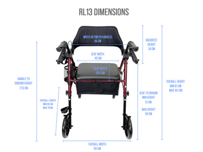 iCare RL13 Steel Rollator with Comfortable Seat, Storage Pouch, Cupholder, Cane holder & Hand Brakes For Mobility Assistance