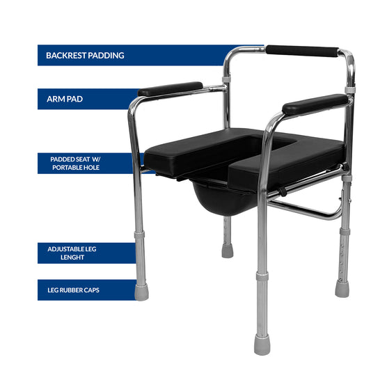 iCare MC51 Steel Commode Chair, Adopt HPCC Steel Plating, 5 Levels Height Adjustment, Folding Frame 8kg