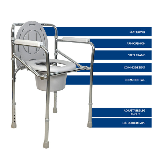 iCare MC52 Folding Steel Commode Chair, Adjustable Leg Height, Easy to Assemble, Foldable Frame
