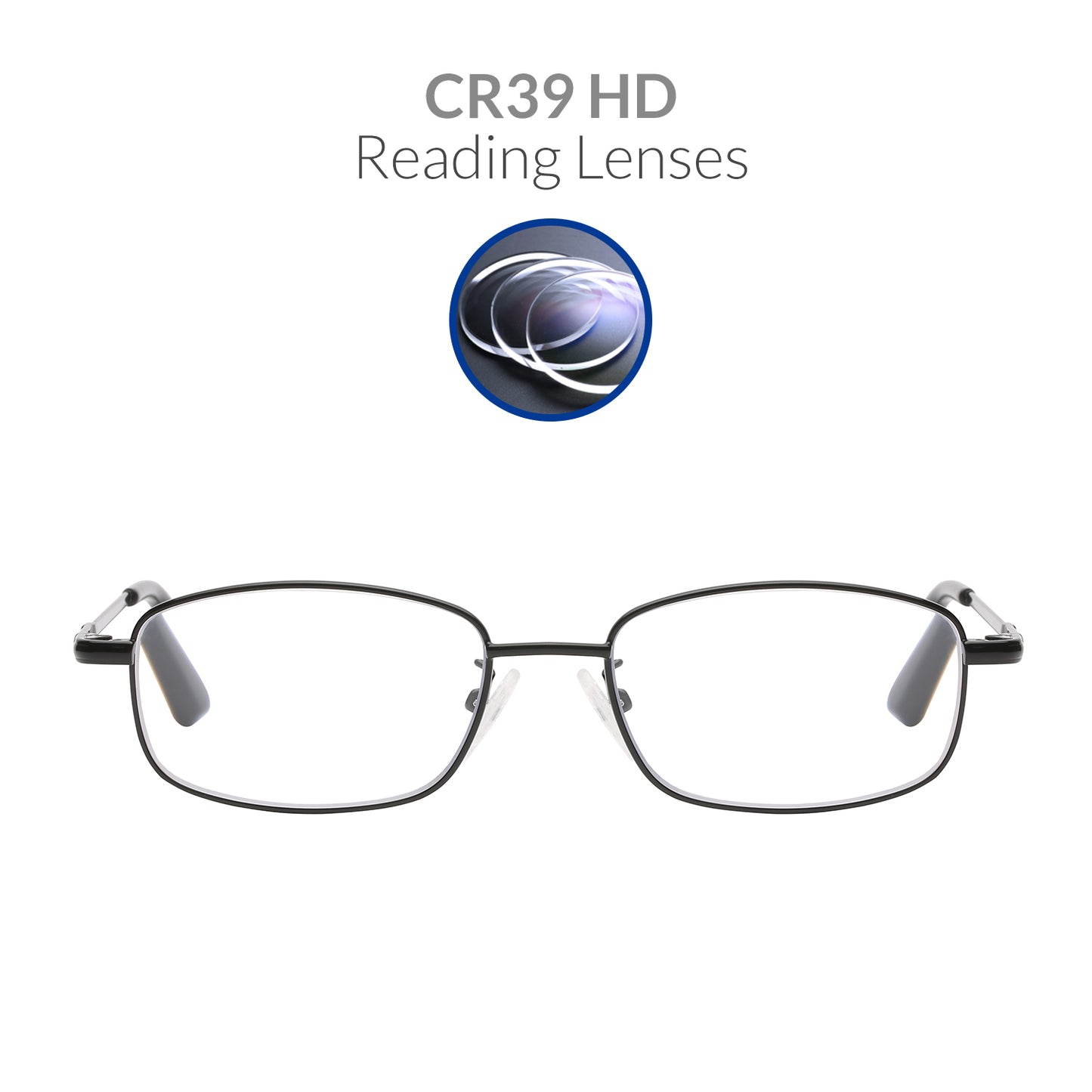 iCare RA102 Black Rectangular Glasses Metal Frame, Memory Titanium Temples and CR39 HD Reading Lenses with Acetate Tips