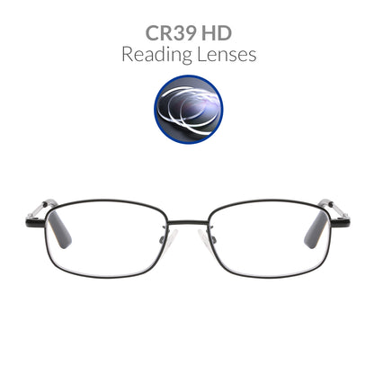 iCare RA102 Black Rectangular Glasses Metal Frame, Memory Titanium Temples and CR39 HD Reading Lenses with Acetate Tips