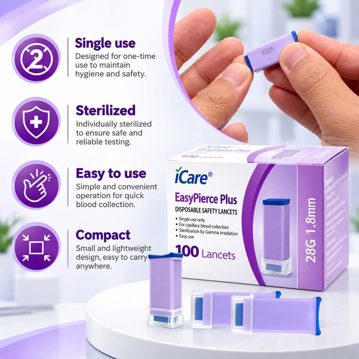 iCare EasyPierce Plus Disposable Safety Lancets 28Gx1.8mm