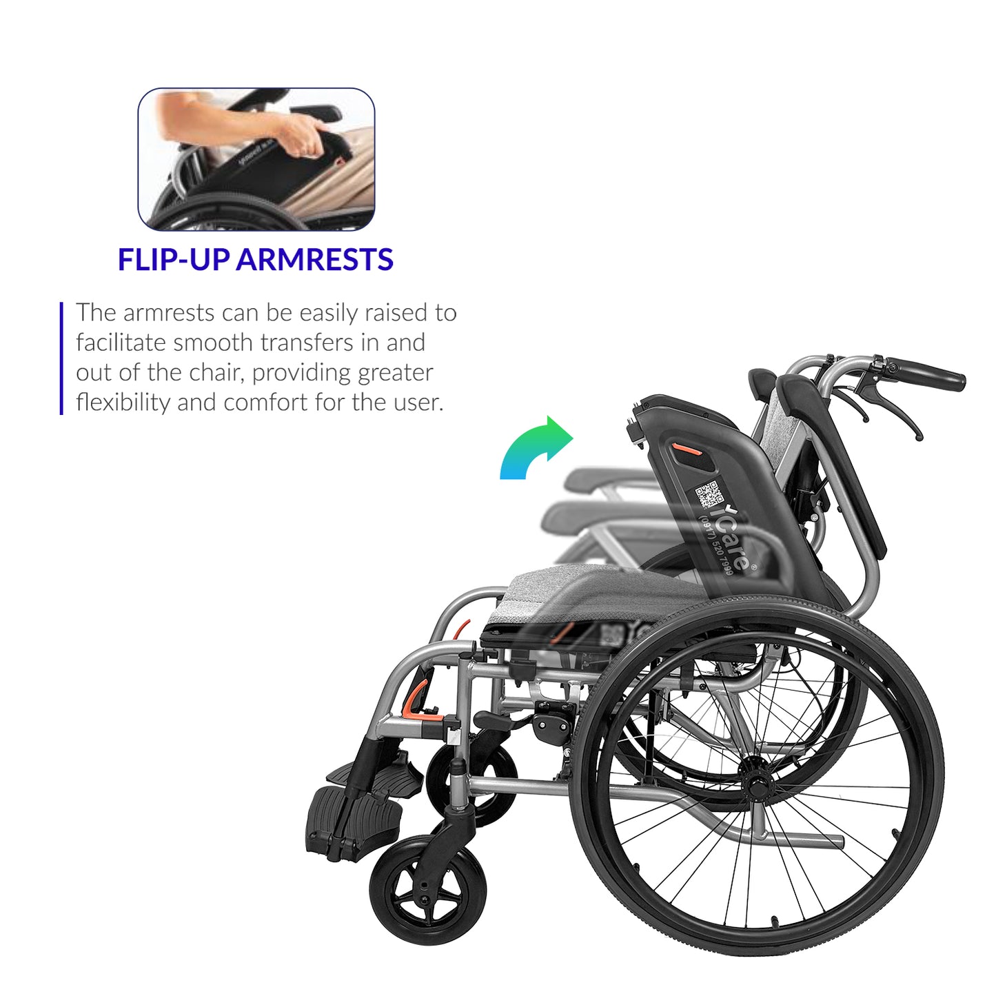 iCare MV31 Self-Propelled Aluminum Manual Wheelchair, Super Lightweight, Compact, w/ Flip-up Armrest