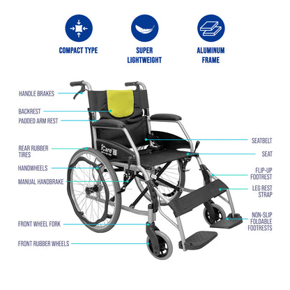 iCare MV21 Self-Propelled Aluminum Manual Wheelchair, Super Lightweight, Foldable & Compact - Easy to Transport