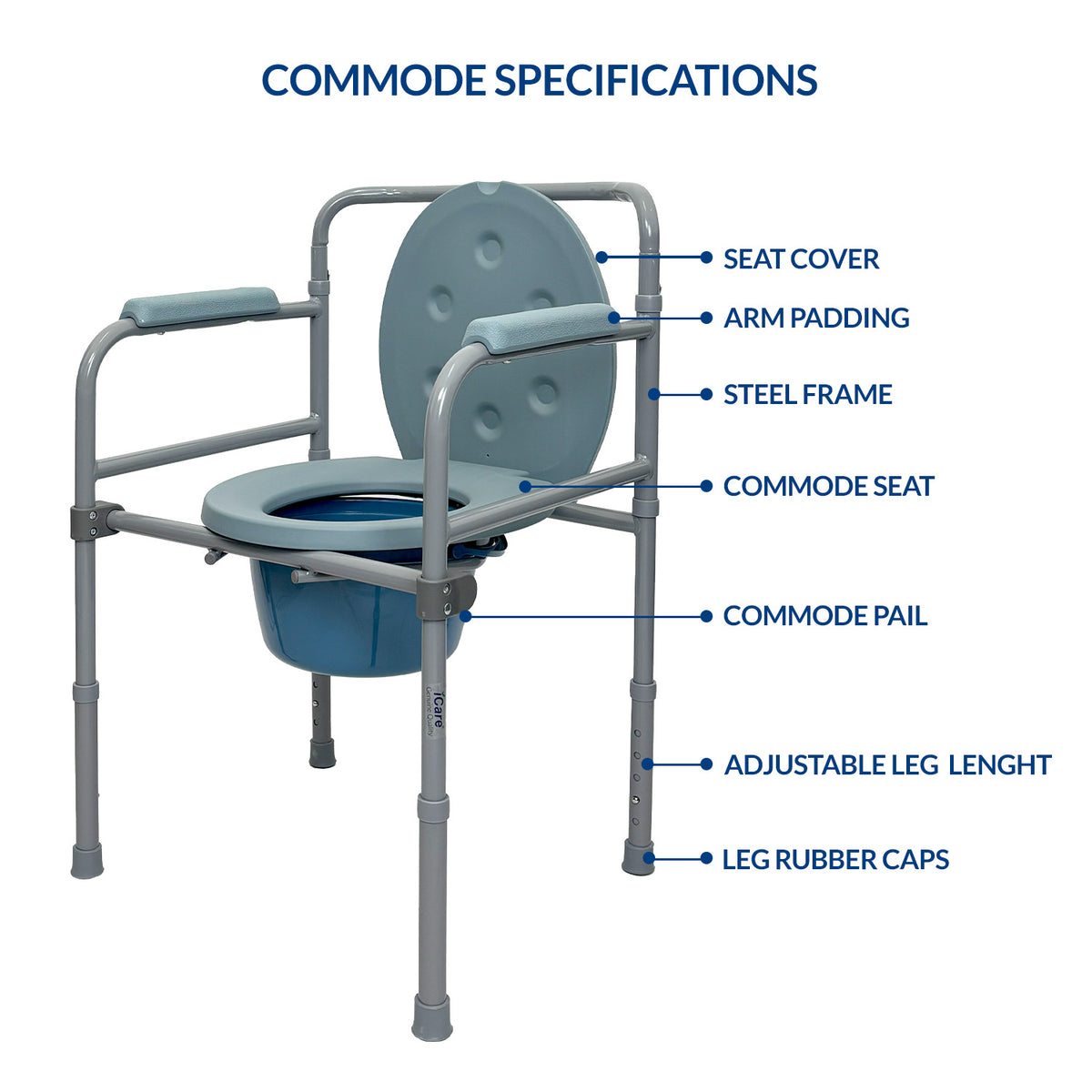 iCare MC53 Steel portable Commode Chair with removable bucket adjustable height armrests backrest. Suitable for home use