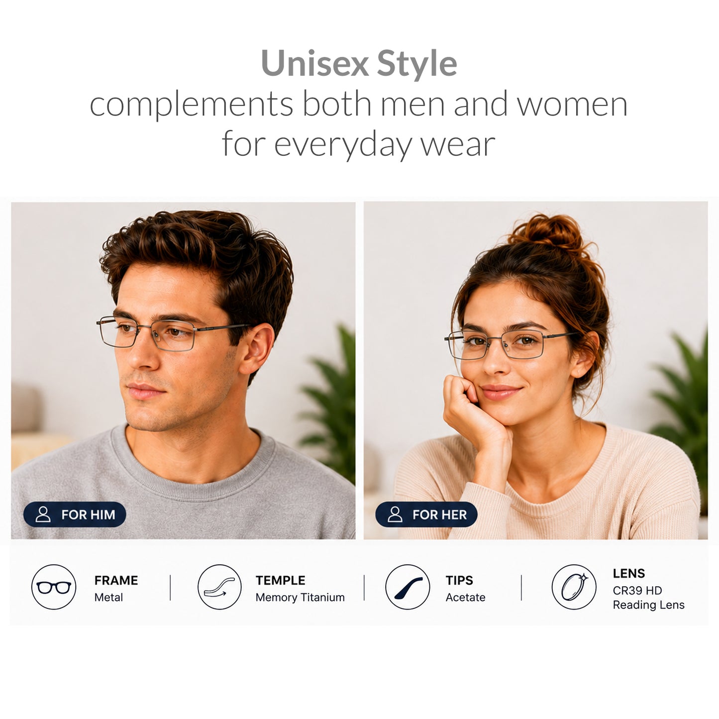 iCare RA101 Gun Color(Shiny Warm Gray + Black) Rectangular Glasses Metal Frame, Memory Titanium Temples and CR39 HD Reading Lenses with Acetate Tips