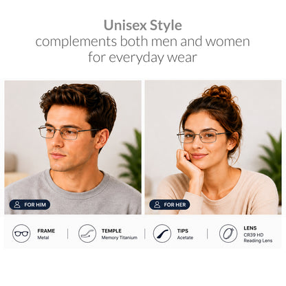iCare RA101 Gun Color(Shiny Warm Gray + Black) Rectangular Glasses Metal Frame, Memory Titanium Temples and CR39 HD Reading Lenses with Acetate Tips