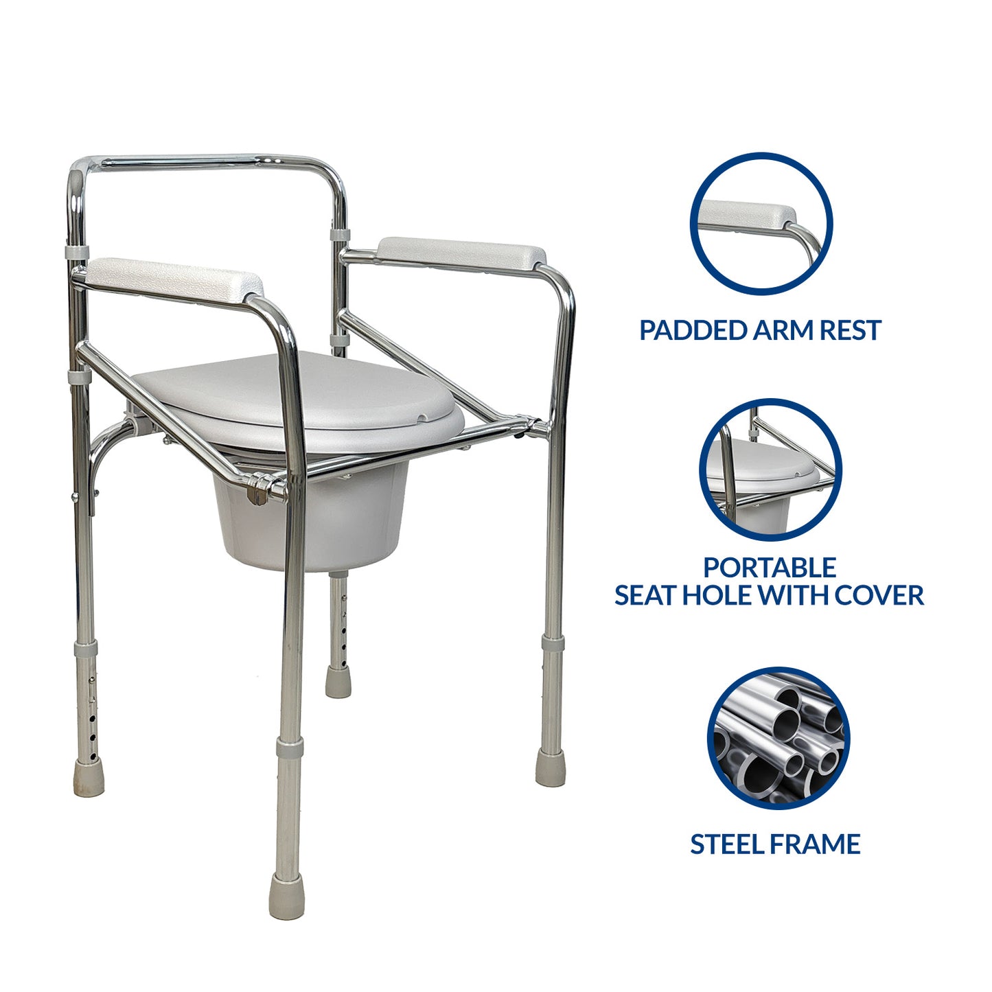 iCare MC52 Folding Steel Commode Chair, Adjustable Leg Height, Easy to Assemble, Foldable Frame
