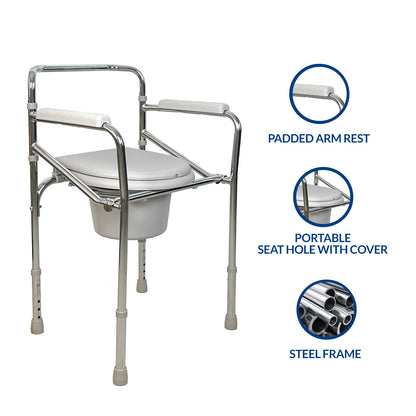iCare MC52 Folding Steel Commode Chair, Adjustable Leg Height, Easy to Assemble, Foldable Frame