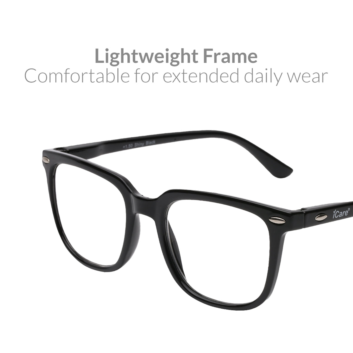 iCare RA302 Shiny Black Square Reading Glasses PC Frame, PC Temples and Grade A AC Lenses