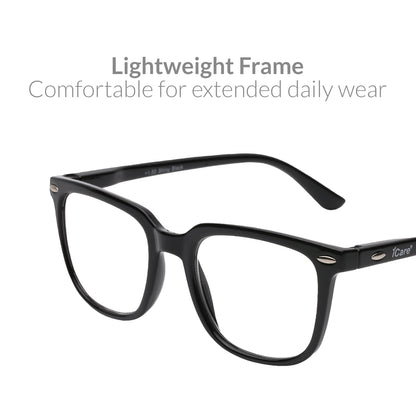 iCare RA302 Shiny Black Square Reading Glasses PC Frame, PC Temples and Grade A AC Lenses