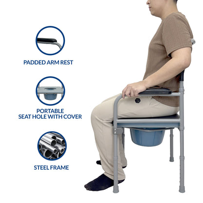 iCare® MC54 Steel Commode Chair with Comfortable Waterproof Cushion, Adjustable Leg Height and Bedpan for Disable and Elderly